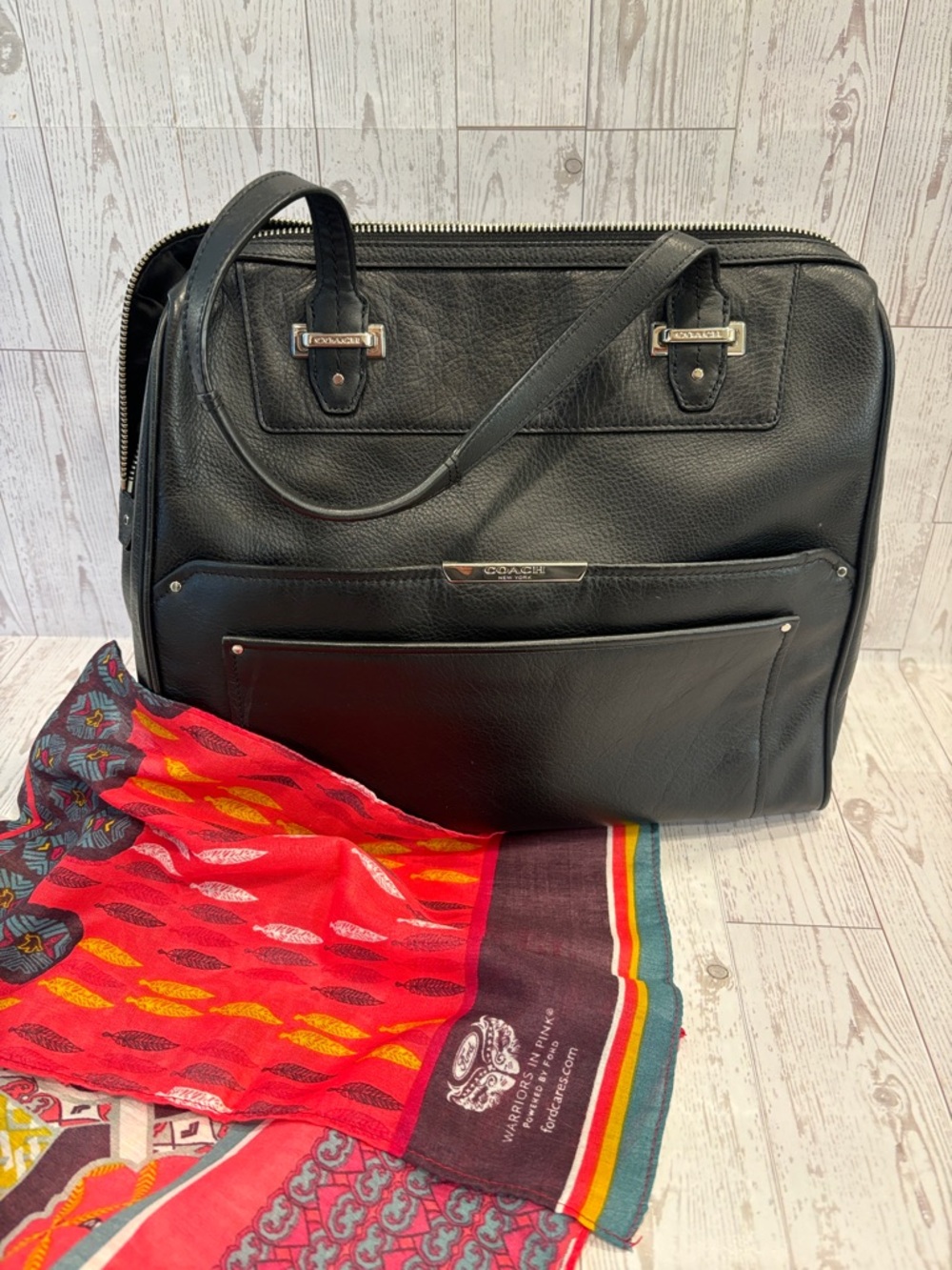 Coach Black Leather Tote with Silver Hardware